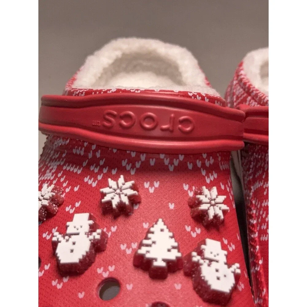 Crocs Classic Fur Lined Holiday Christmas Charm Clog Slippers Red M 13 NWT